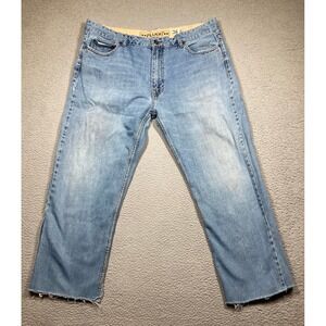 Plugg Jeans Men's 38x30 Light Wash Blue Relaxed Straight Cut Off Hem Stains